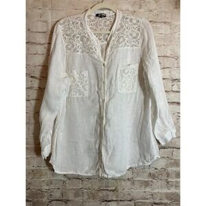 Made In Italy Linen Top Womens Medium White Beachy Coquette Romantic Lace Trim